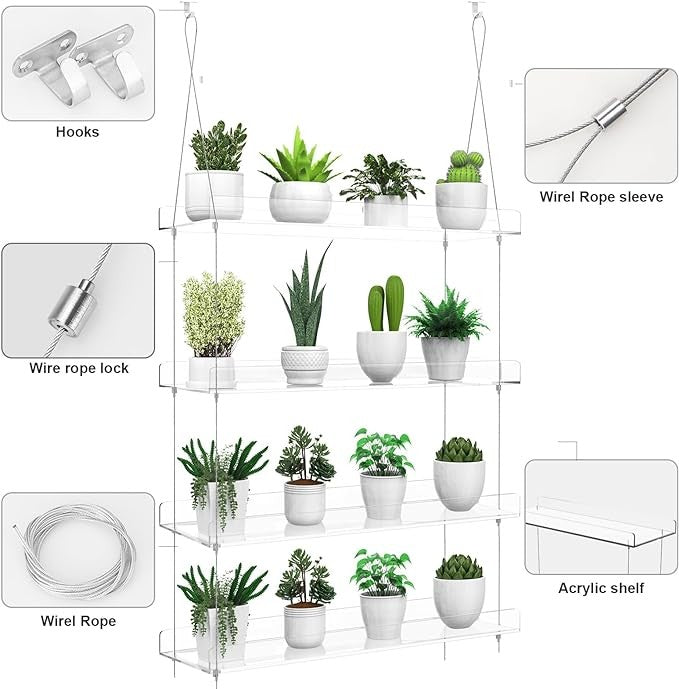 4 Tier Hanging Clear Acrylic Plant Shelf Window Display Rack for Indoor Garden