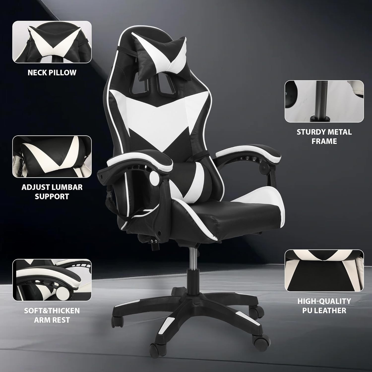 Ergonomic Gaming Chair Adjustable Lumbar Support & Headrest - Reclining Office