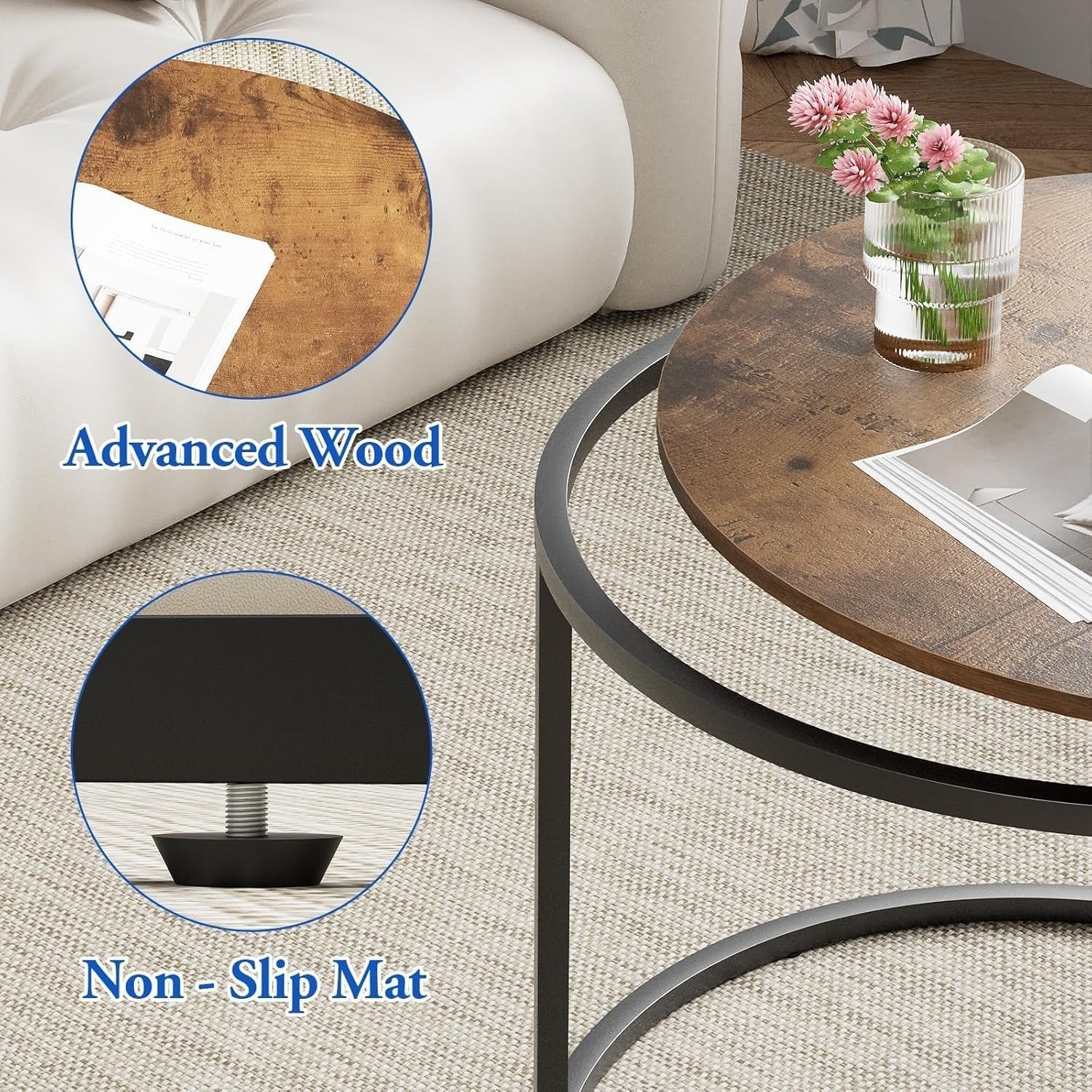 2-Piece Nesting Round Coffee Table Set with Brown Wood Top & Black Metal Frame