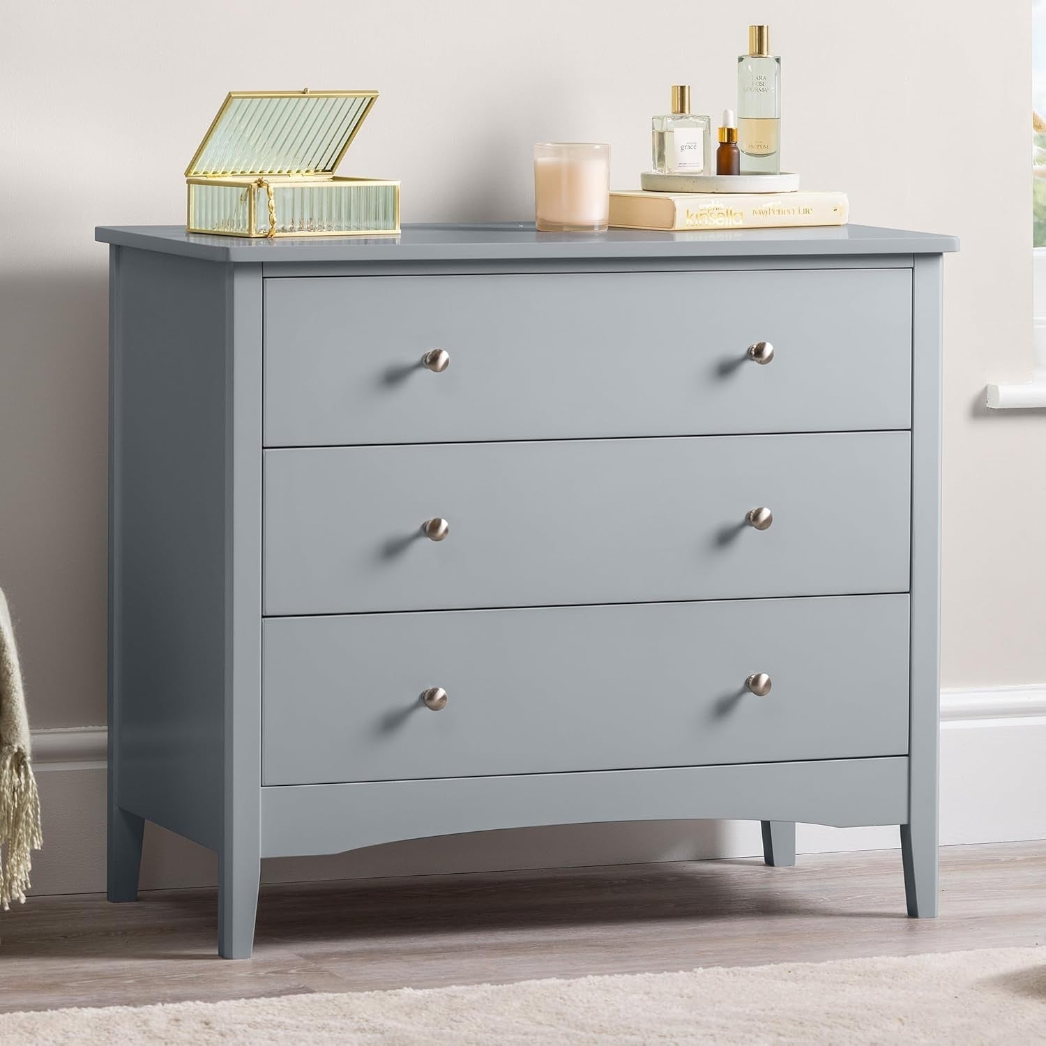 Grey 3 Drawer Chest, MDF Storage Cabinet, Chrome Handles, 80cm Wide