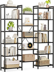 6 Tier Triple Bookshelf Industrial 14 Shelf Wide Bookcase Black