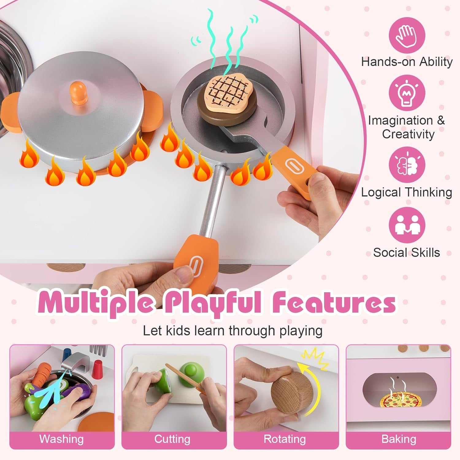 Wooden Kids Play Kitchen Pink Toy Set Stove Sink Oven Accessories