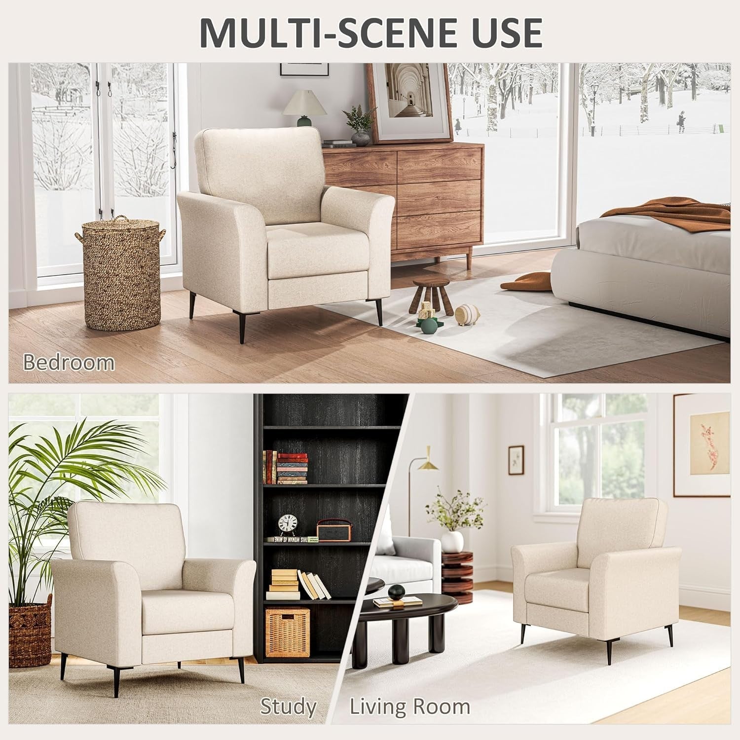 Beige Linen Armchair with Padded Seat & Metal Legs for Lounge or Office