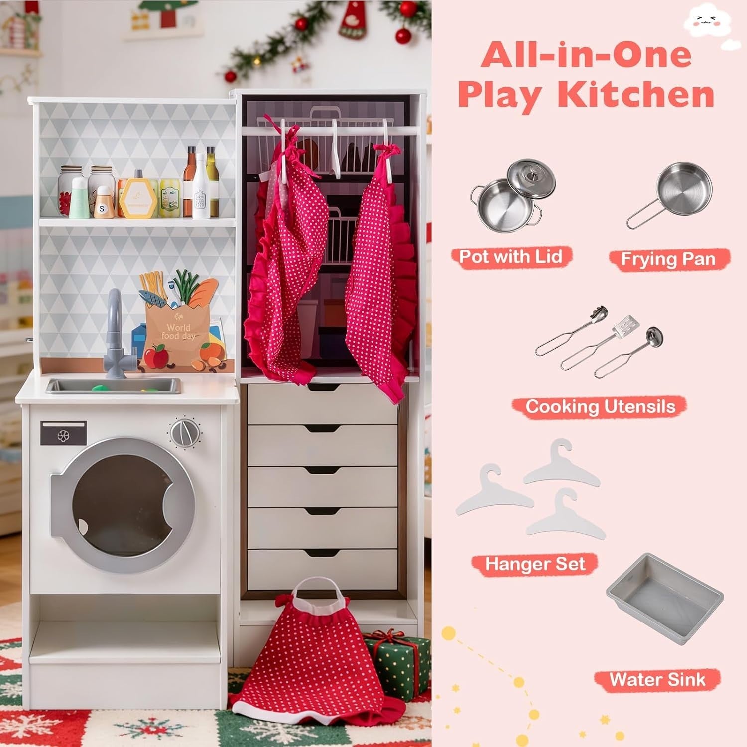 Kids Wooden Play Kitchen Laundry Set Lights Sounds White Toy Set