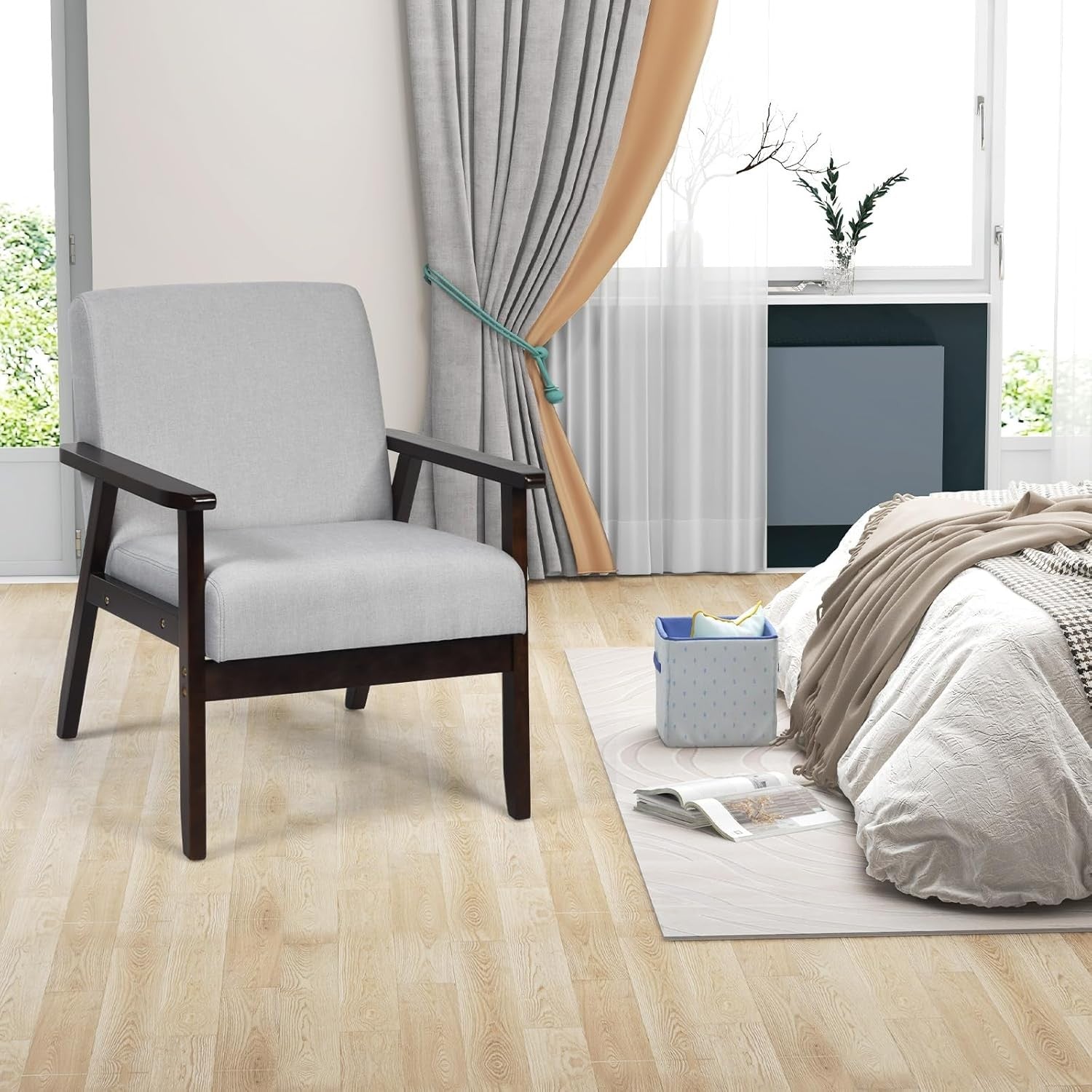 Linen Accent Armchair Rubber Wood Frame Lounge Chair Grey