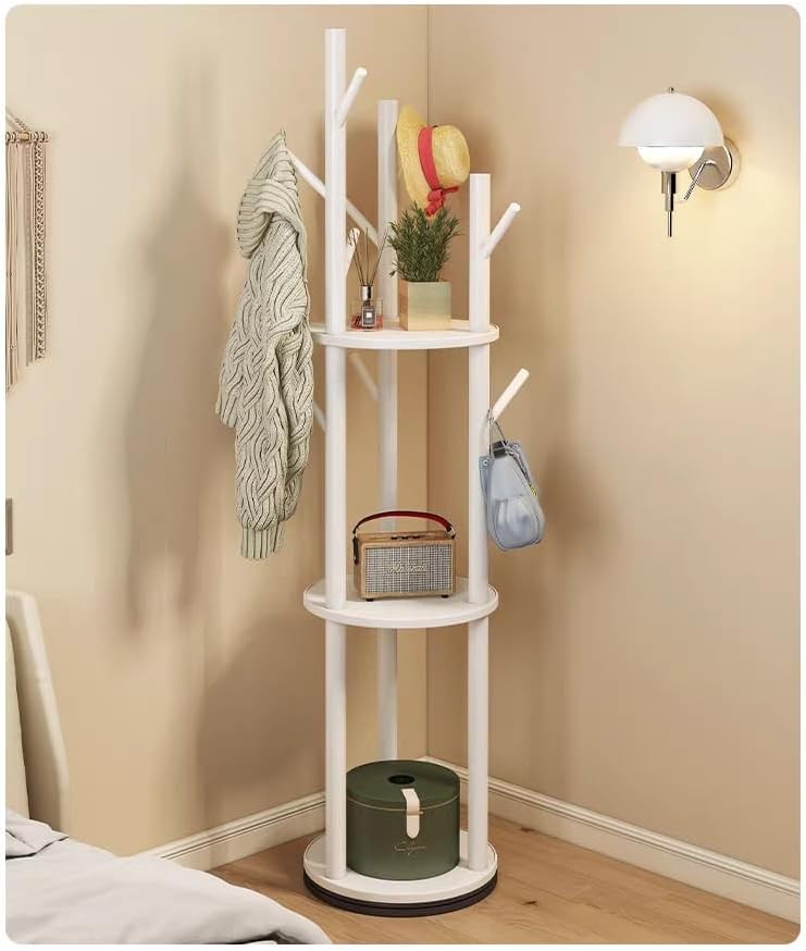 360° Rotating White Wooden Coat Rack Stand with Shelf Solid Wood Hall Tree