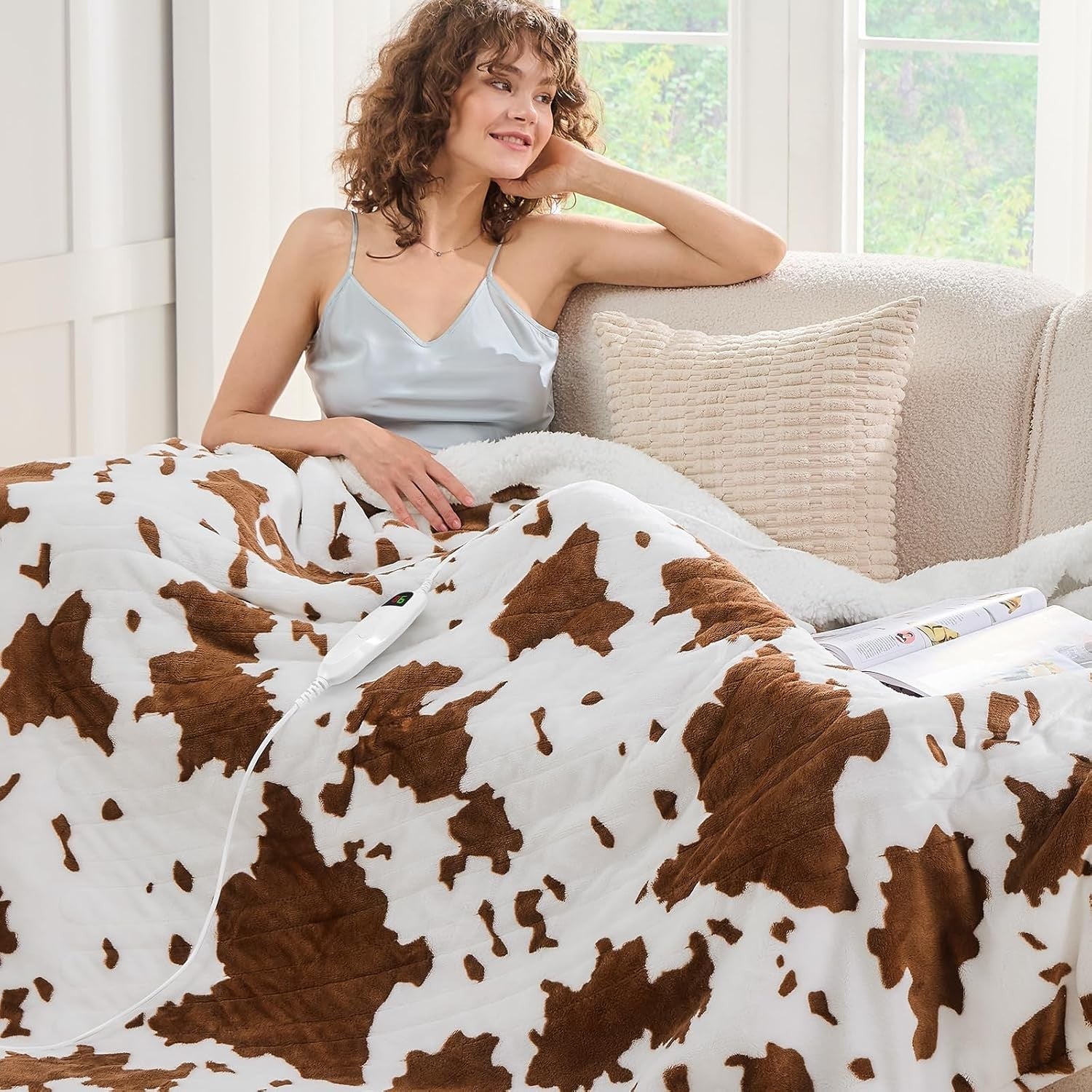 Electric Heated Throw Blanket Cow Print Sherpa 10 Heat Auto Off Washable