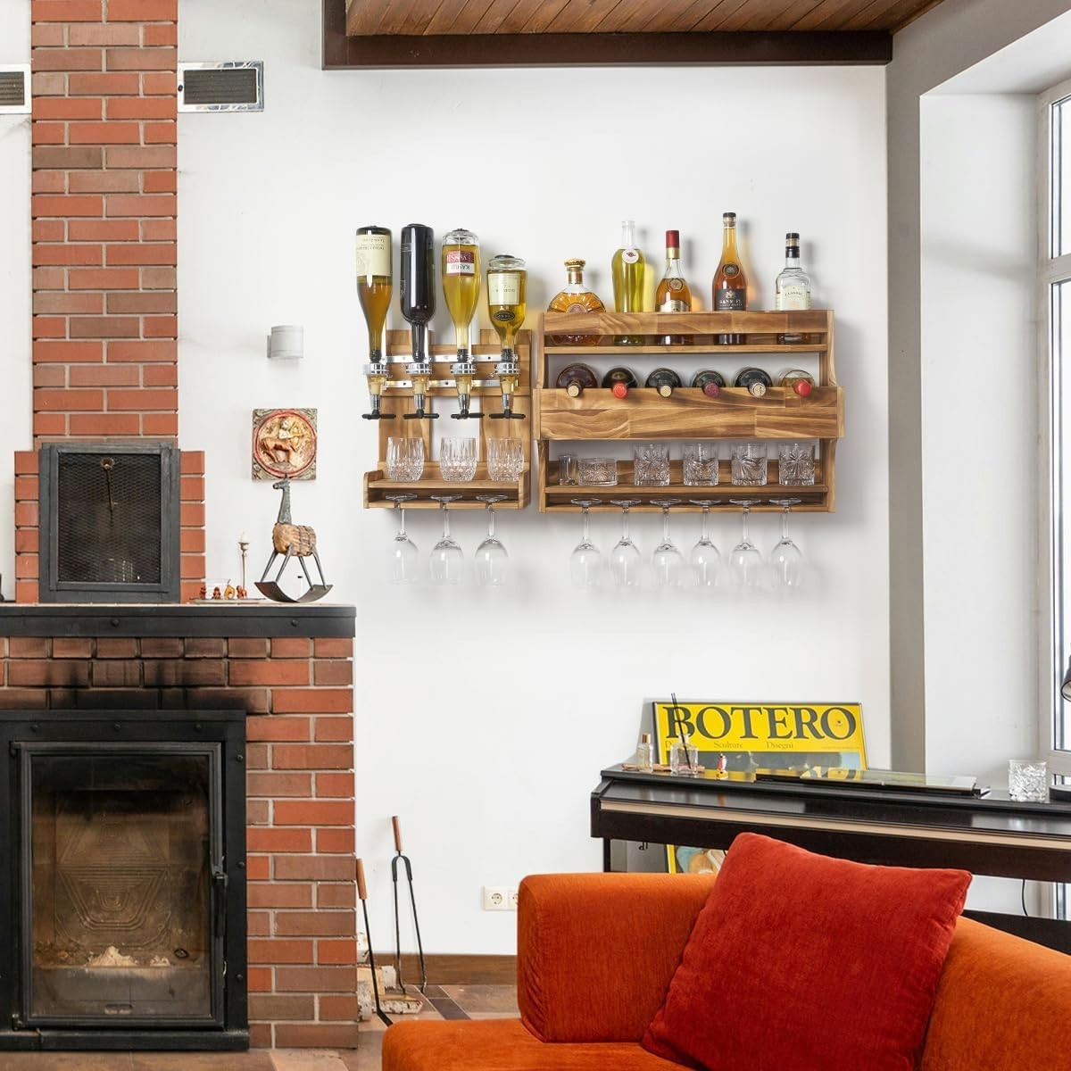 Rustic Wall Mounted Wine & Liquor Rack with Glass Holder – 4 Bottle