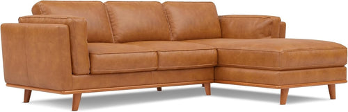 Italian Leather Sectional Sofa Chaise - Solid Wood - Modern Cognac Couch
