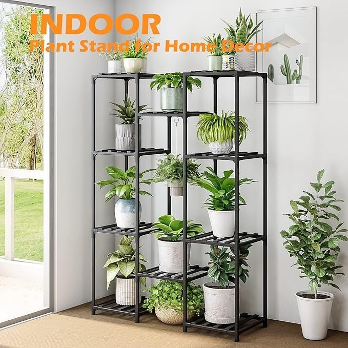 Tall Black Wooden Plant Stand Indoor Outdoor Multi-Shelf Flower Rack