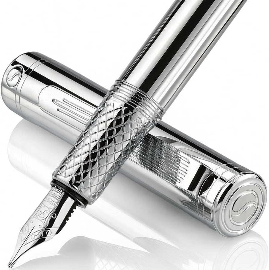 Luxury Silver Chrome Fountain Pen Fine Nib Heavy Brass Gift