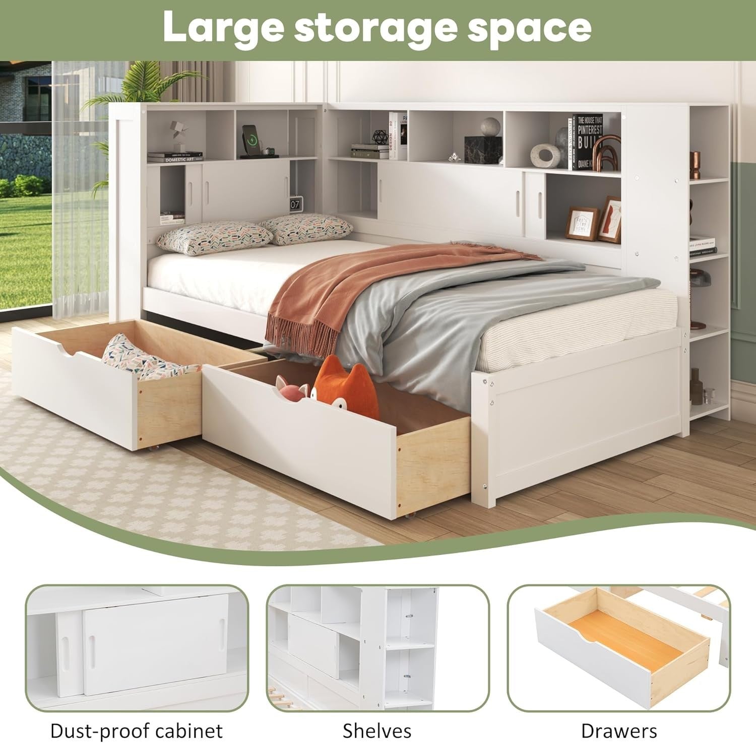 Single Storage Bed with Drawers, Shelves, USB, Bookcase, White 3FT