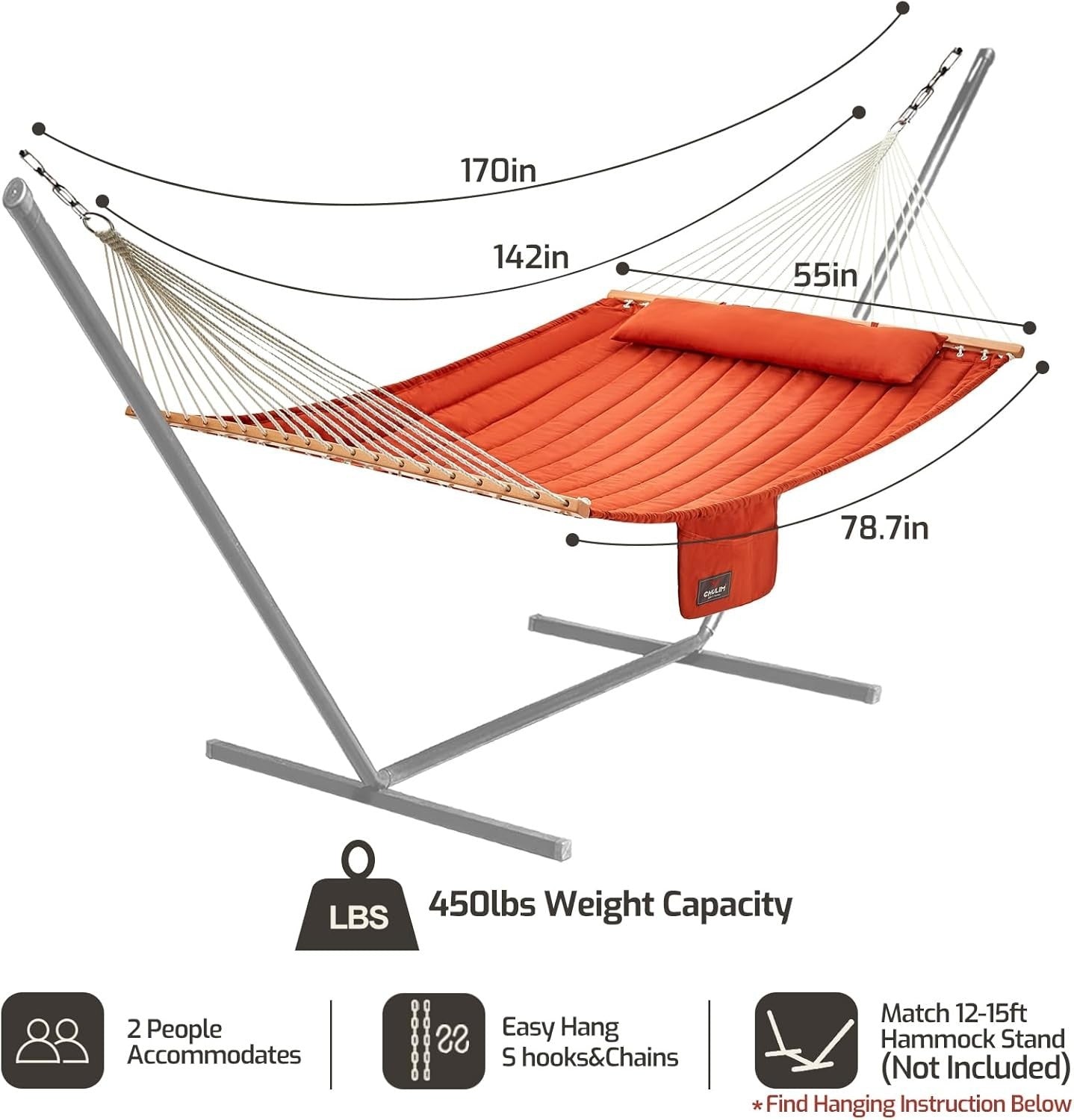 Luxury Outdoor Double Quilted Fabric Hammock 2-Person 450lbs w/ Pillow