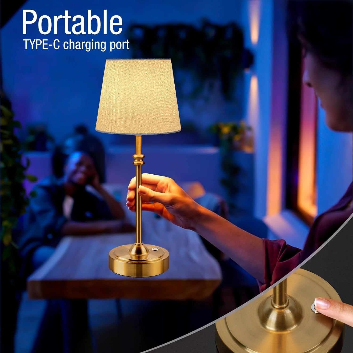Rechargeable Cordless Table Lamp Touch Dimmable Gold Fabric Shade 40cm