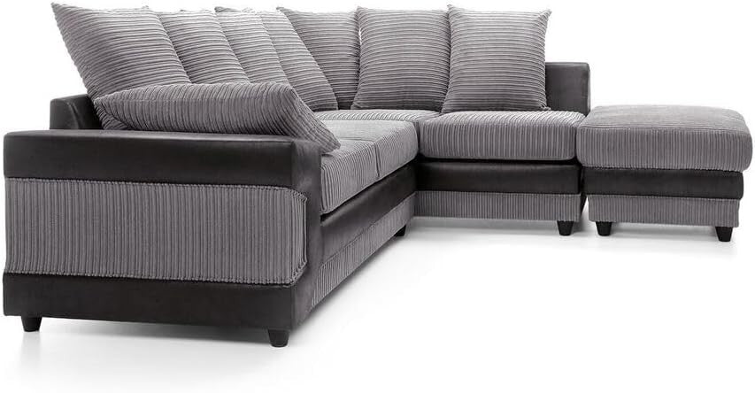 5 Seater Corner Sofa Black & Grey Right Hand L Shape Fabric Leather