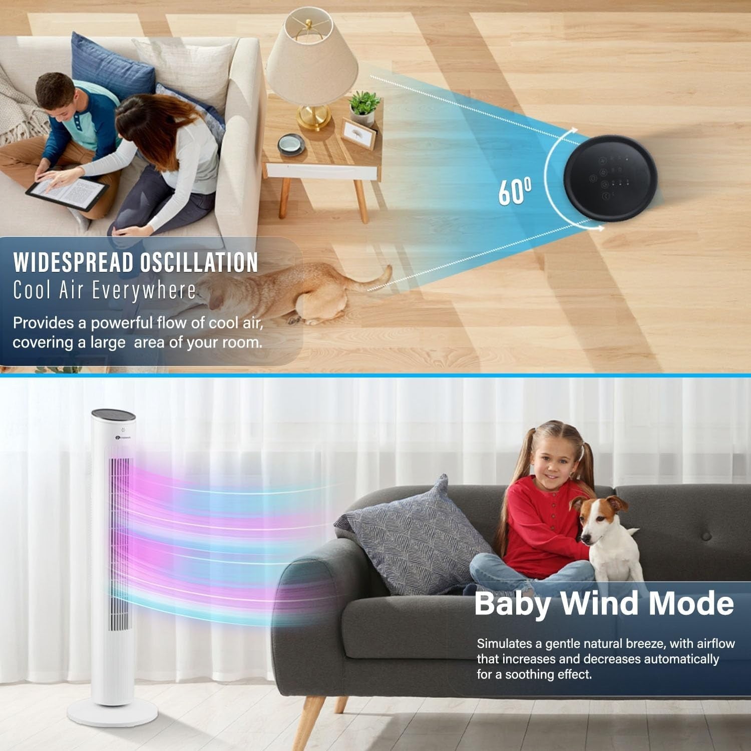Cool Bladeless Tower Fan 43in – 3 Speed Remote Control Quiet Standing Fan White