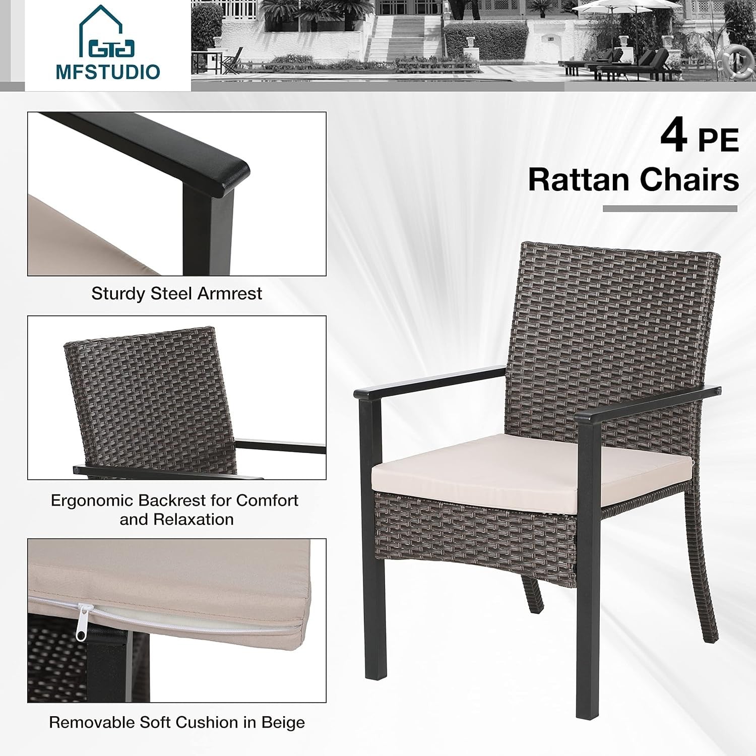 Rattan Garden Dining Chairs Set of 2 with Cushions Weatherproof Patio Seating