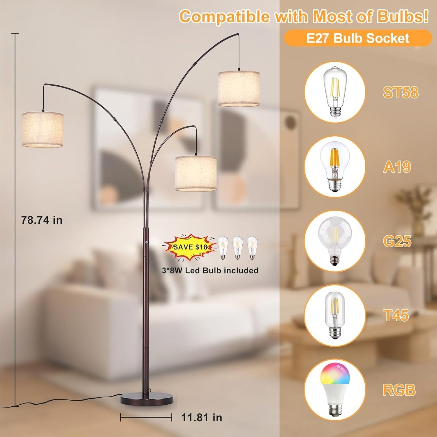 3-Head Adjustable Arc Floor Lamp with Beige Shades – Dimmable LED Lighting