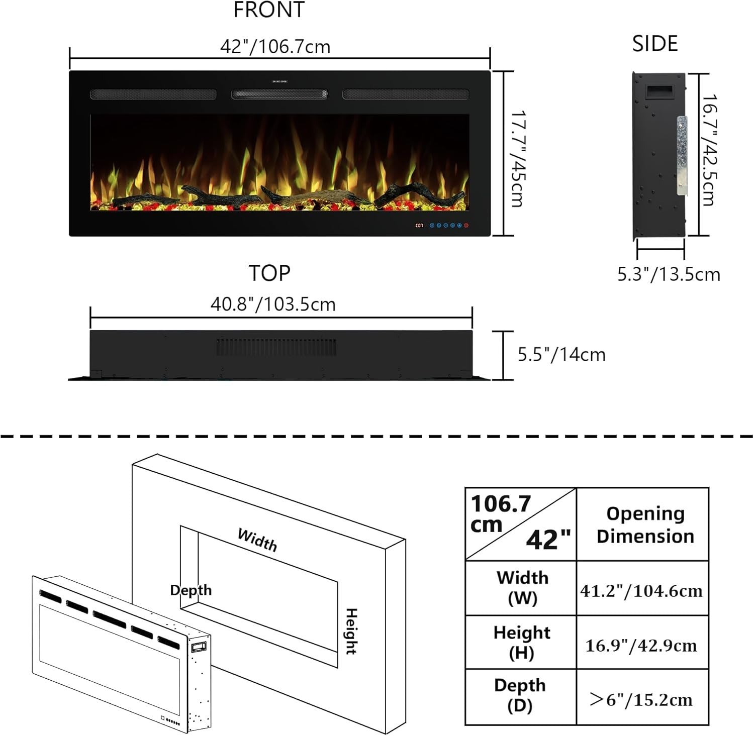 WiFi Electric Fireplace Insert 42" Recessed Wall Mount, Adjustable Flame & Timer