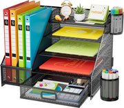 5-Tier Desk Organiser with Drawer & Pen Holders Mesh Desktop Storage