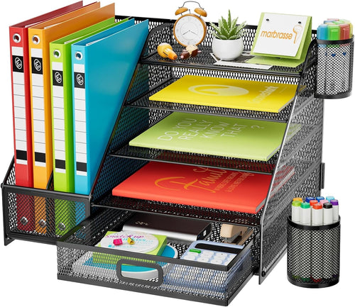 5-Tier Desk Organiser with Drawer & Pen Holders Mesh Desktop Storage