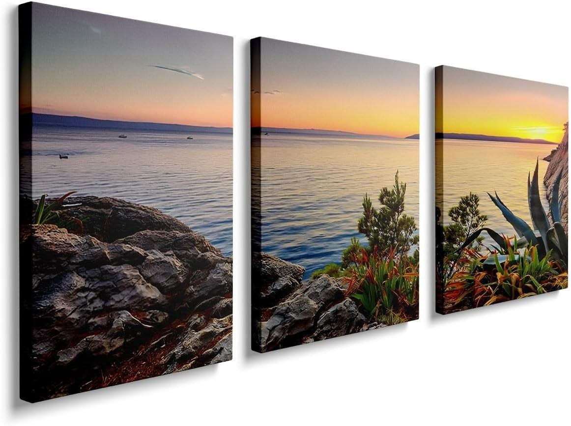 Framed Sea Sunset Canvas Wall Art Set of 3 16x12 Ocean Panel Decor