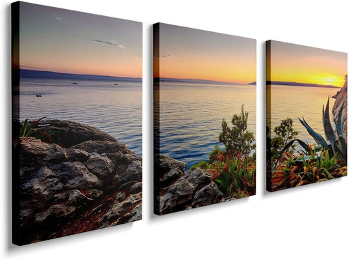 Framed Sea Sunset Canvas Wall Art Set of 3 16x12 Ocean Panel Decor