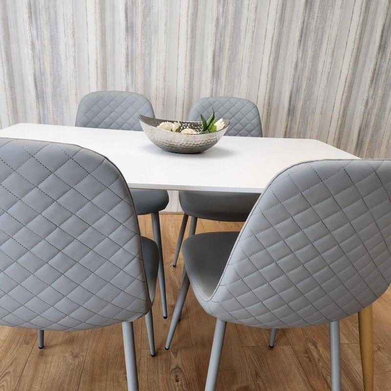 White Dining Table Set with 4 Grey Quilted Chairs – Modern Kitchen Set