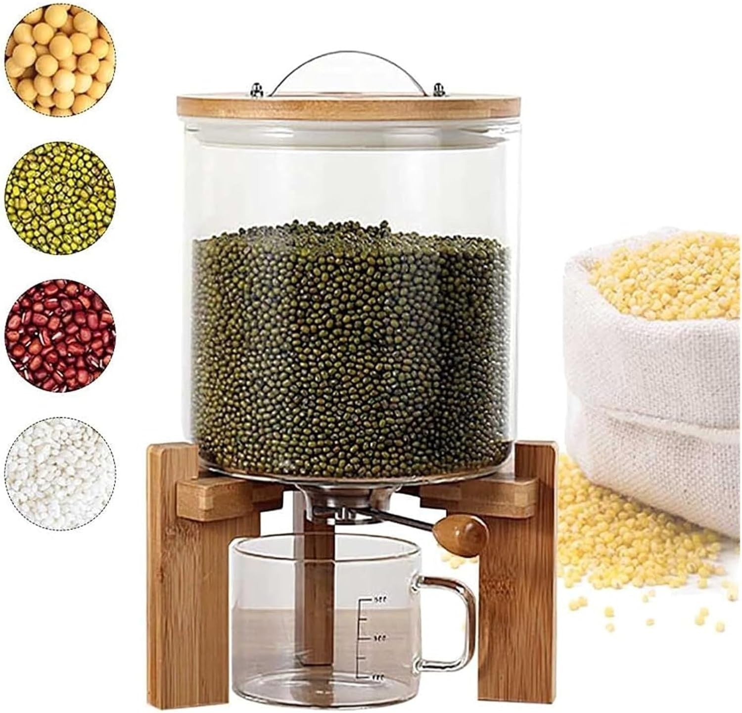 Glass Rice Dispenser 5L Grain Storage Container Wood Stand Airtight