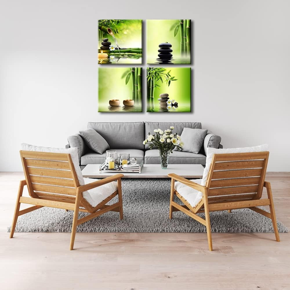 4 Panel Zen Bamboo Canvas Wall Art Framed Green Spa Prints