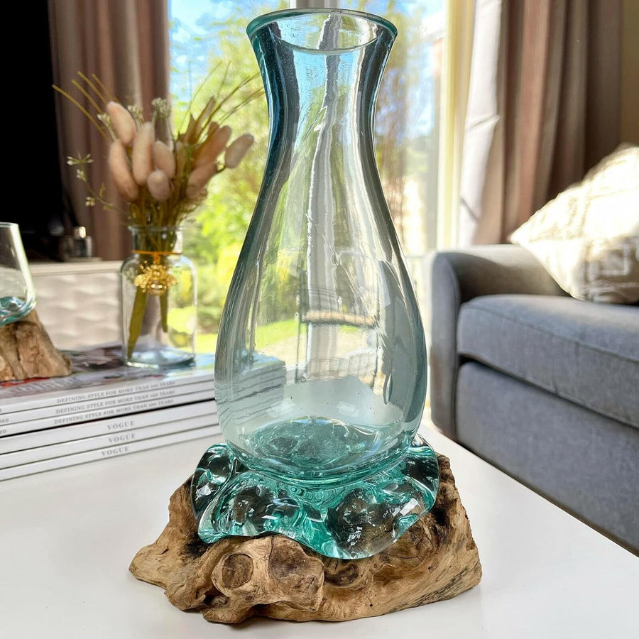 Molten Glass Vase on Driftwood Stand 24cm Handmade Luxury Home Decor