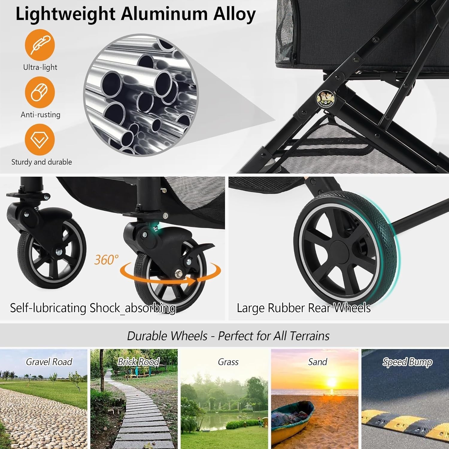 Medium Dog Stroller up to 55lbs No Zip Entry One Click Fold Travel Pram