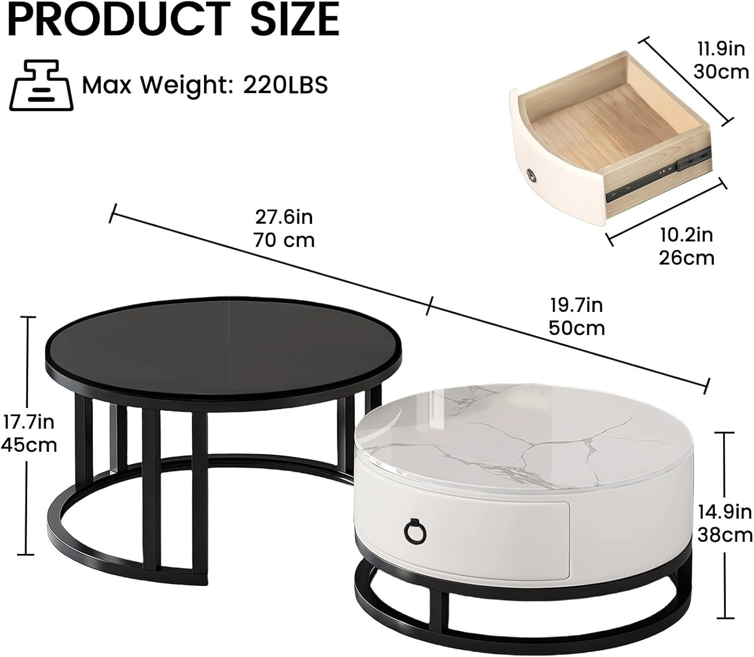 2-in-1 Nesting Coffee Table Set w/ Drawer, Marble & Glass Top, Space-Saving