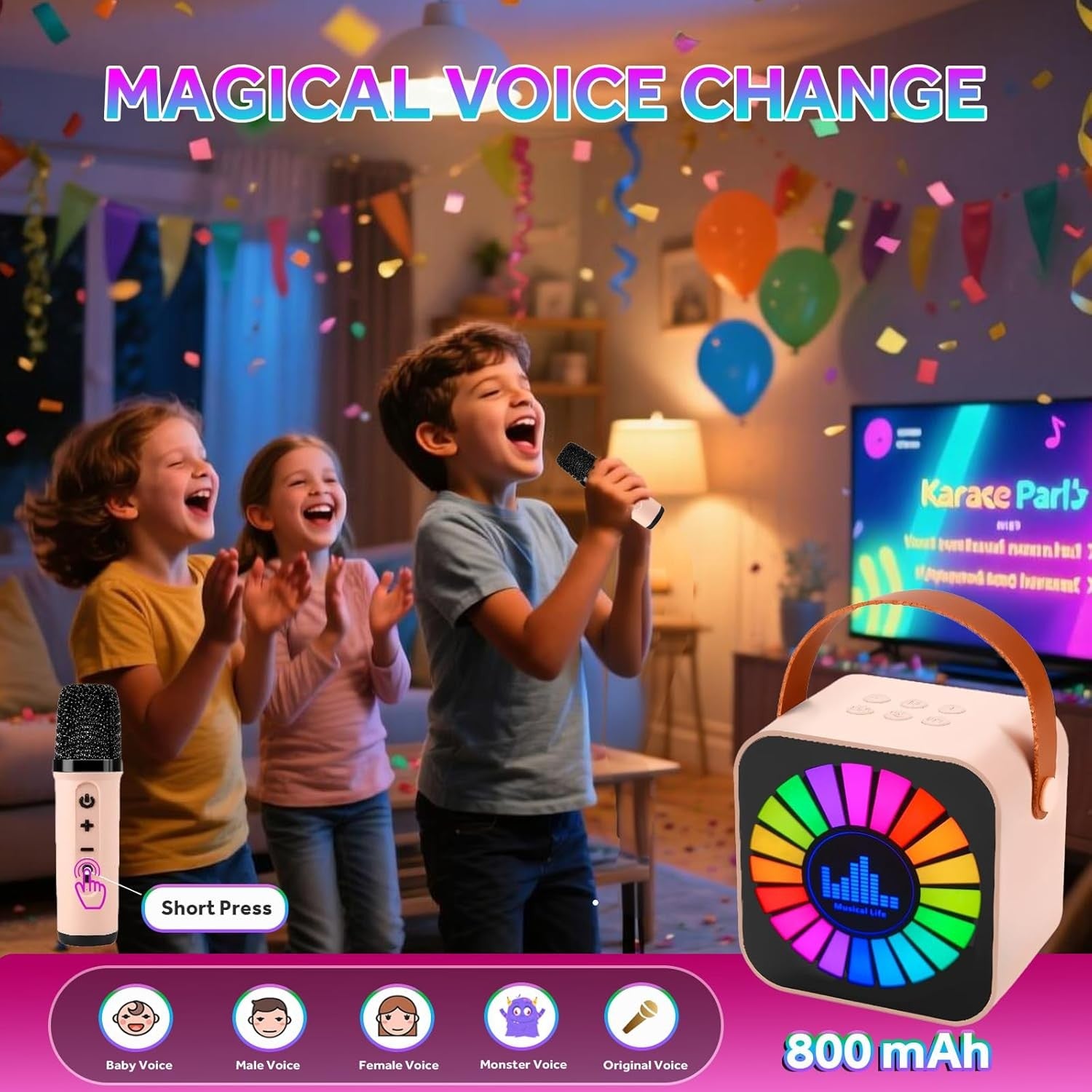 Pink Kids Karaoke Machine with 2 Wireless Mics LED Bluetooth
