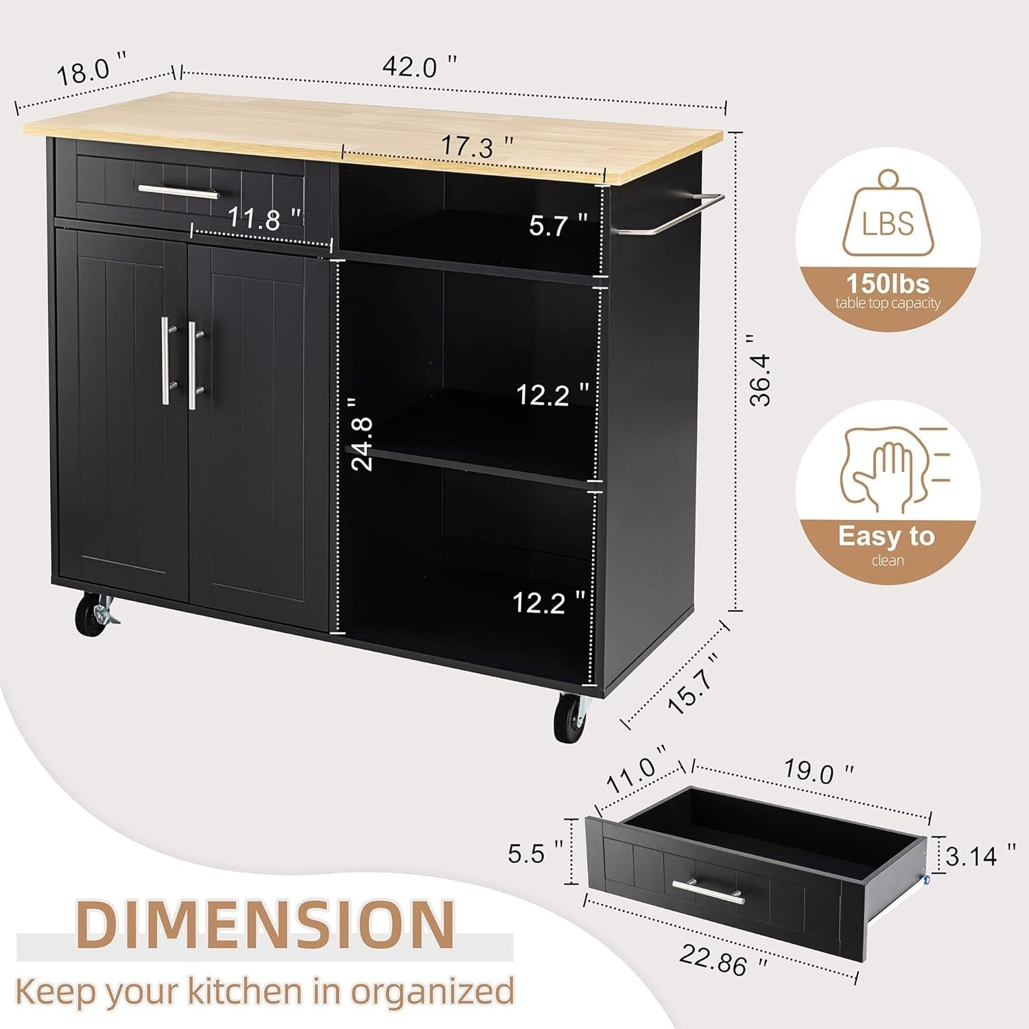 Rolling Kitchen Island Cart with Large Storage Cabinet & Towel Rack, Black