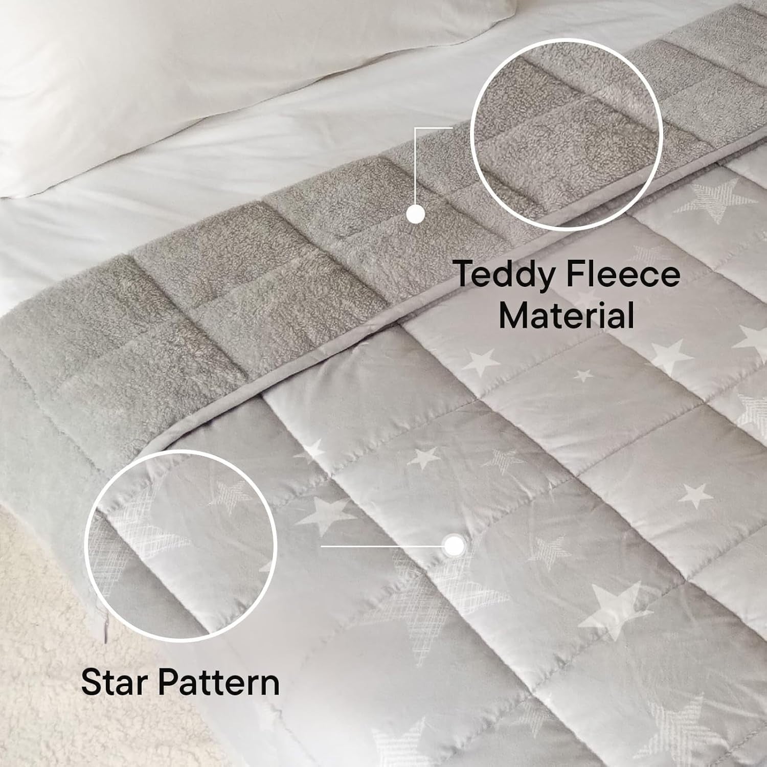 3kg Weighted Blanket, Silver Grey Star Teddy Fleece Quilted 100x150cm