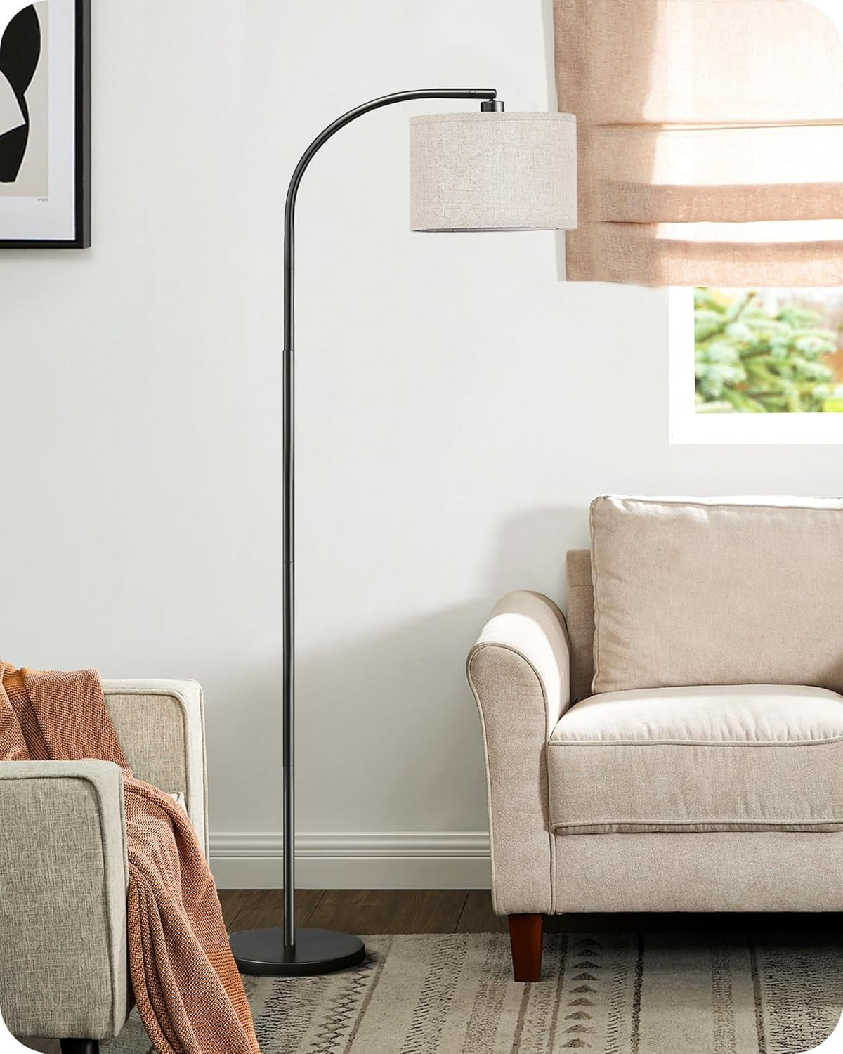 Modern Arc Floor Lamp Adjustable Linen Shade Black Standing Reading Light