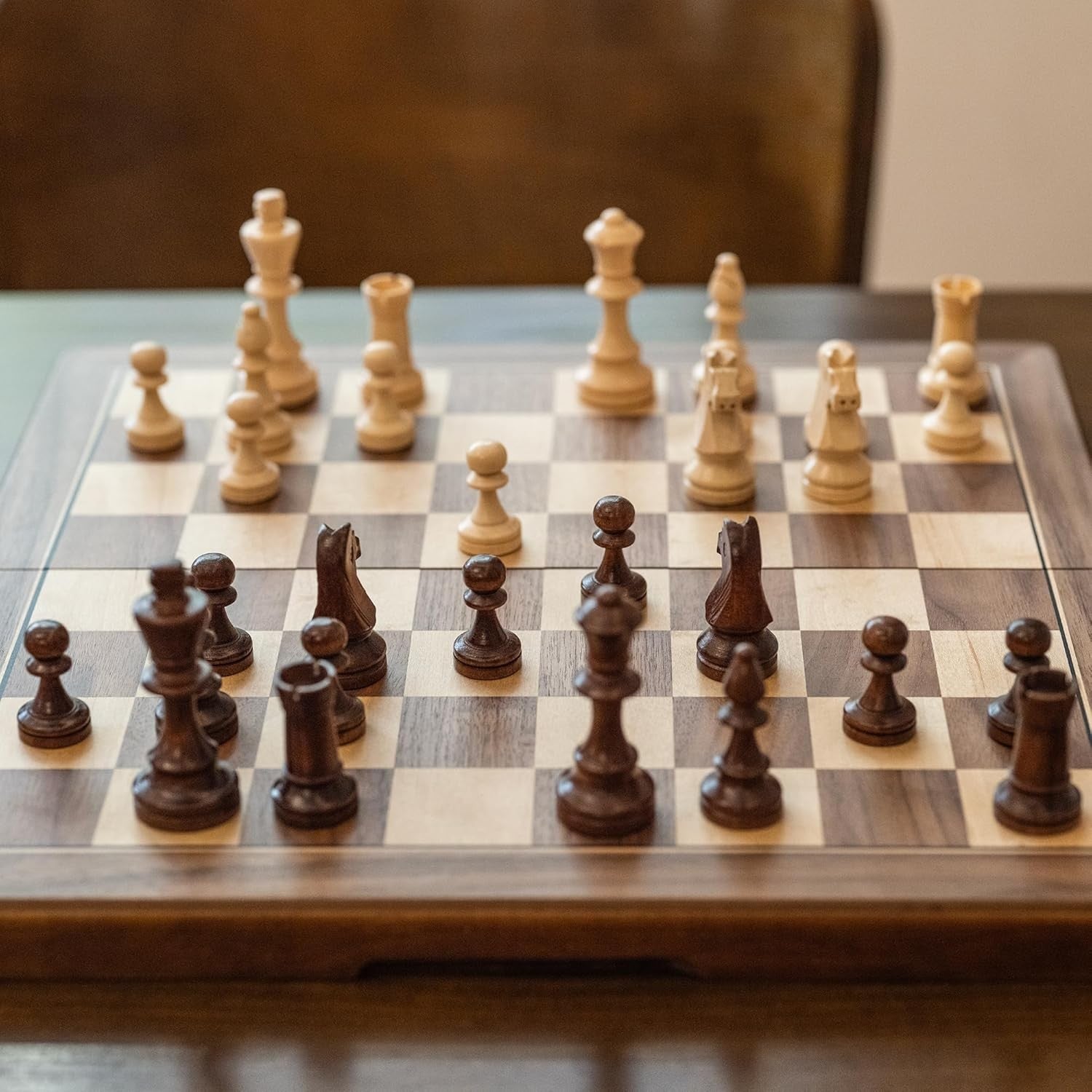 15" Magnetic Wooden Chess Set Foldable Travel Board 3" Pieces + Storage