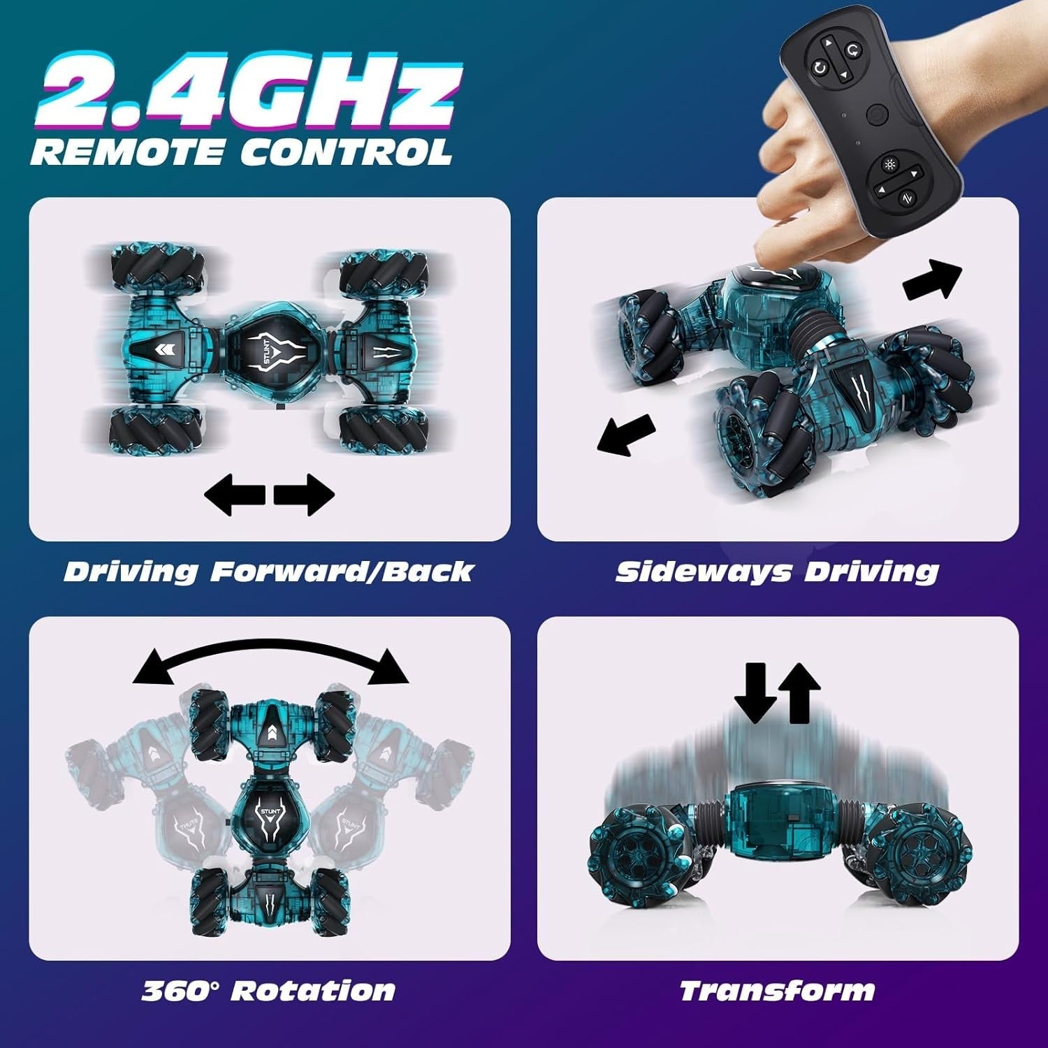 4WD Gesture Sensing RC Car – 360° Drift, LED Lights, 3 Batteries, Kids Toy