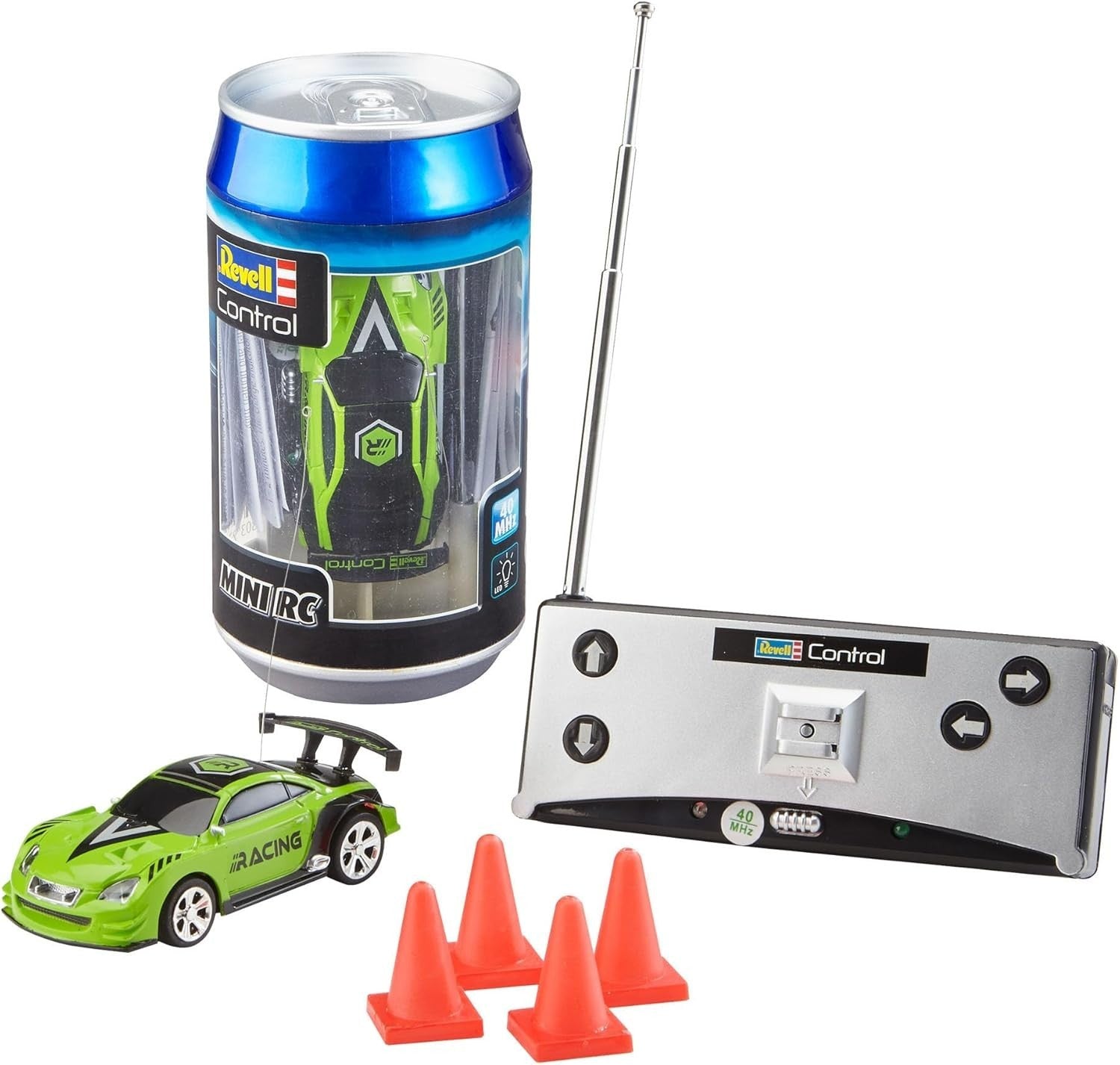 Mini RC Racing Car in Can – 40MHz Remote Control Toy with Cones, Green 8cm