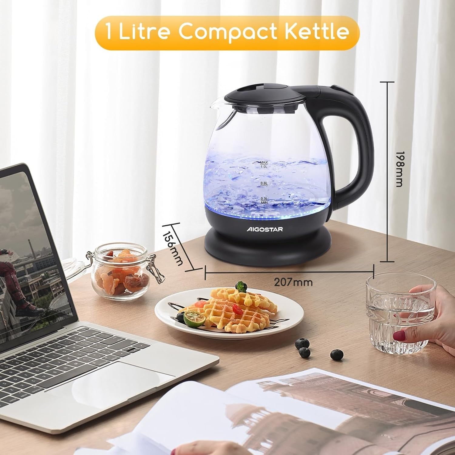 1L Black Glass Electric Kettle Fast Boil Cordless Auto Shut-Off Portable