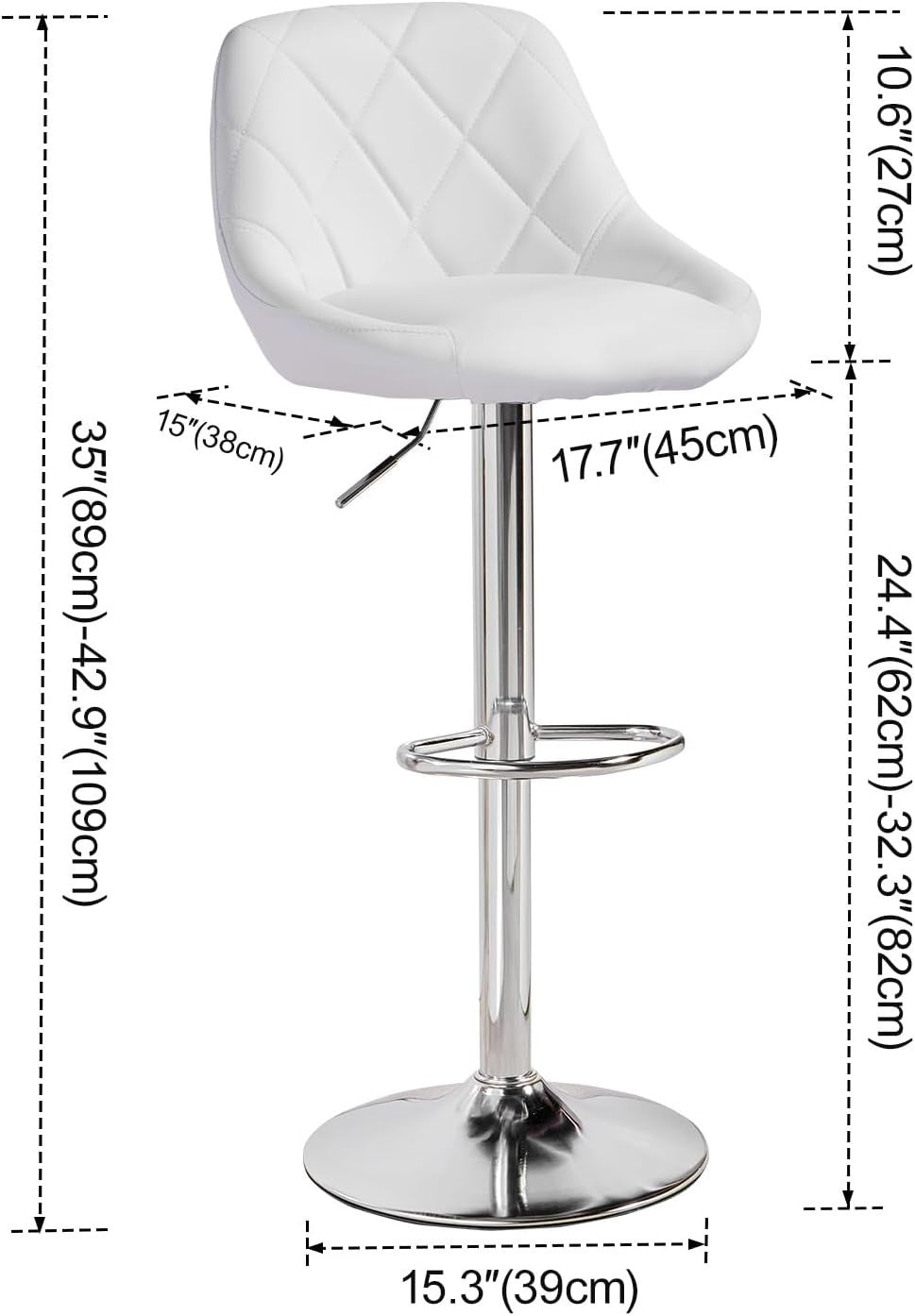 Set of 2 Adjustable Swivel Bar Stools – White Rectangular