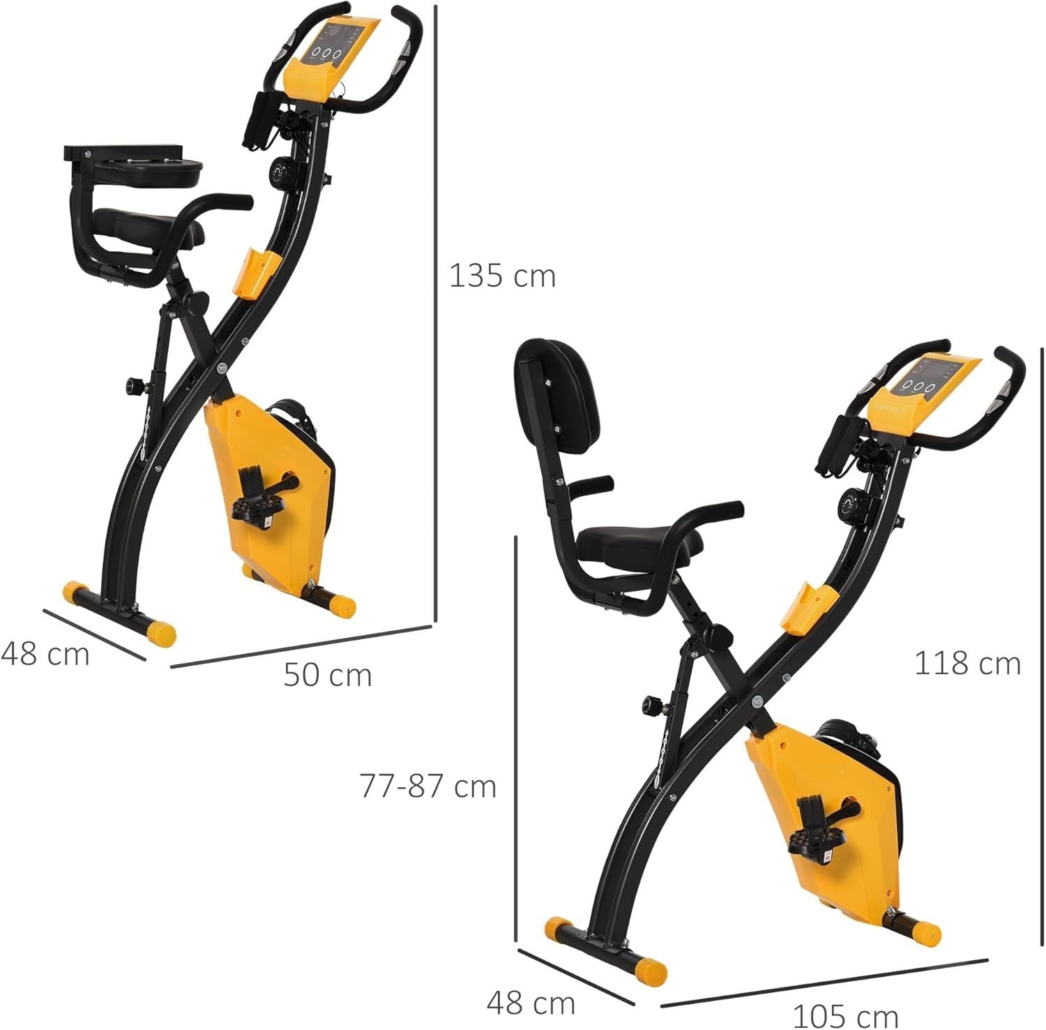 Yellow 3-in-1 Folding Exercise Bike Magnetic Resistance LCD Pulse & Bands