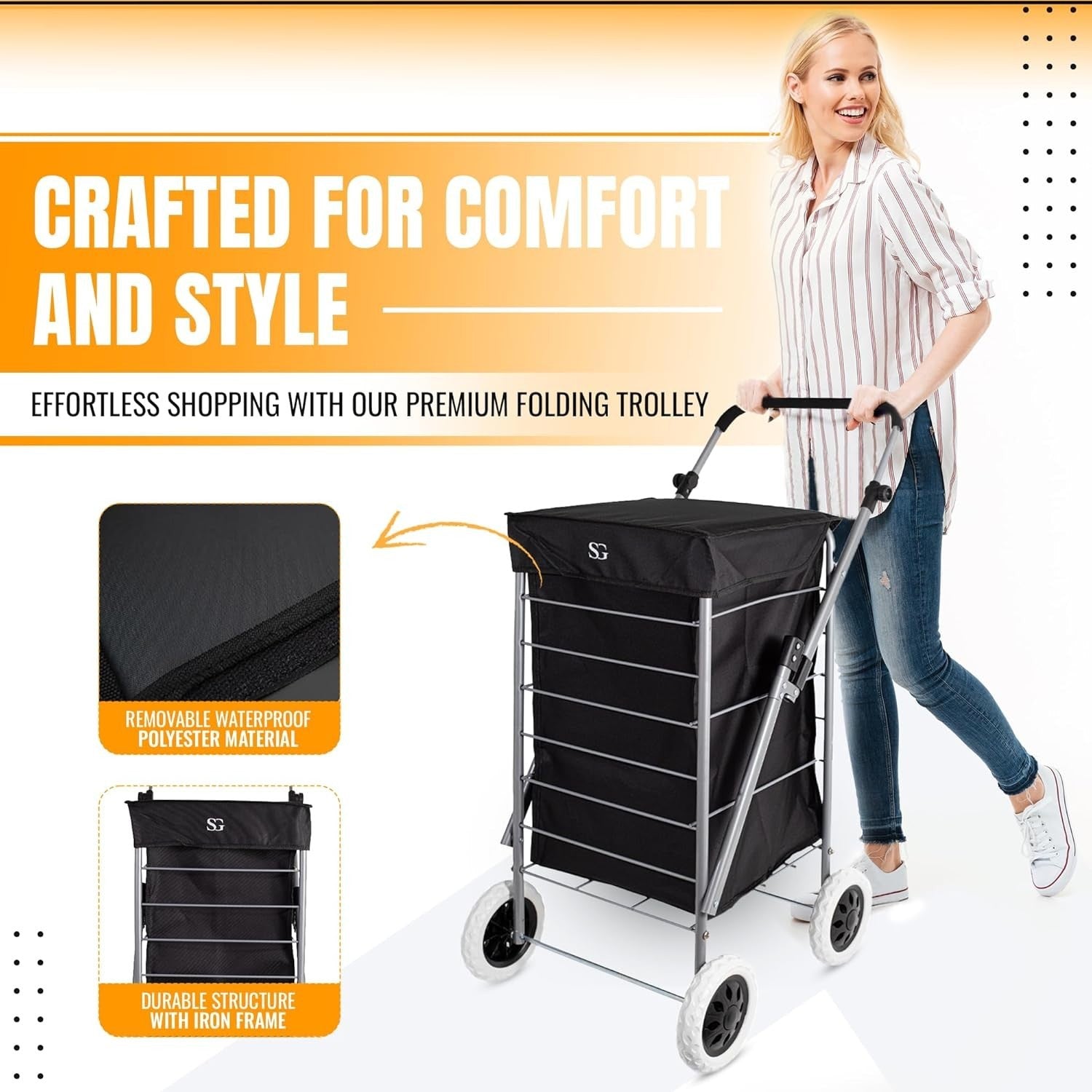 Foldable 4-Wheel Shopping Trolley Cart with Removable Bag - Heavy Duty
