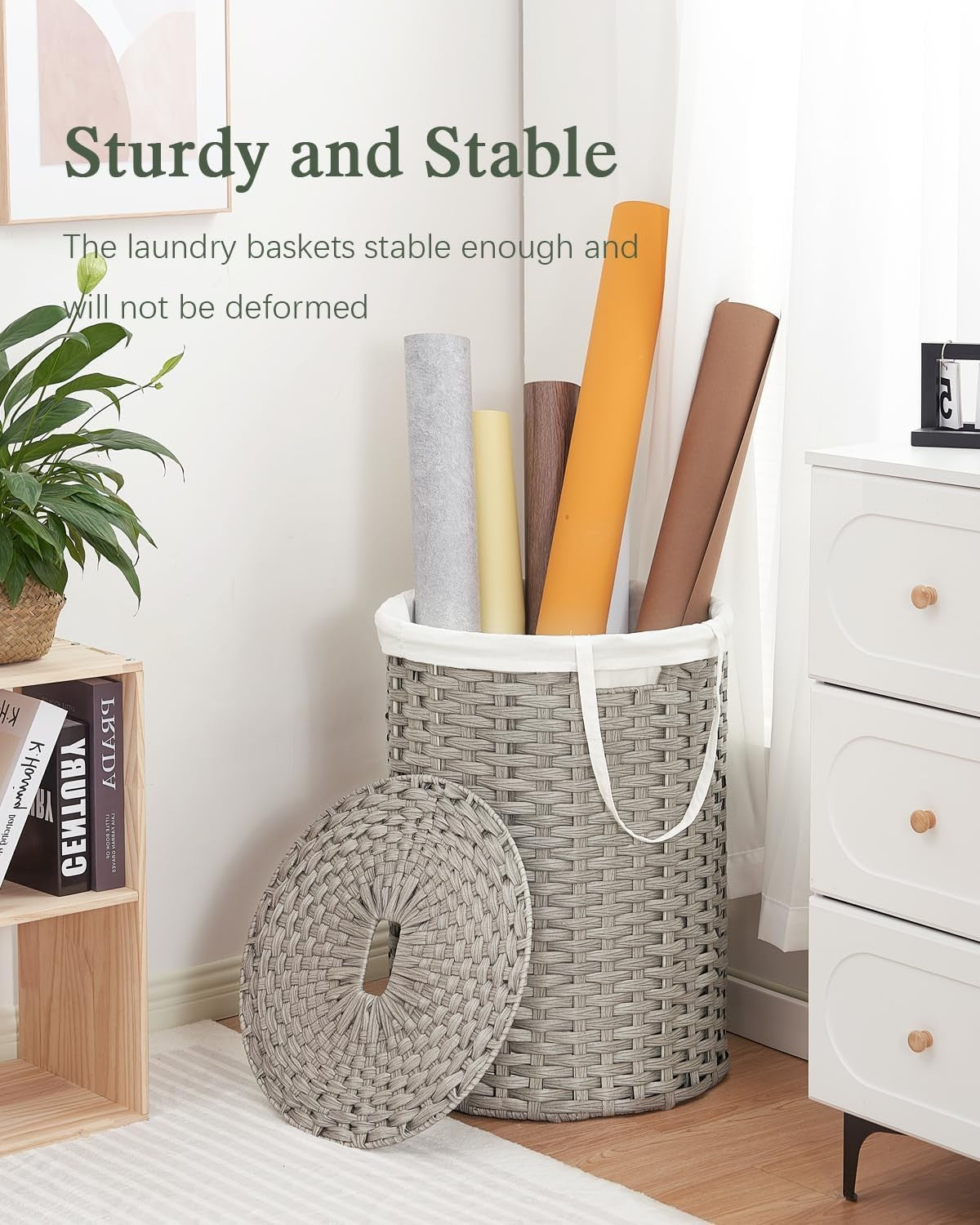 110L Grey Wicker Laundry Basket with Lid Large Round Rattan Hamper Storage