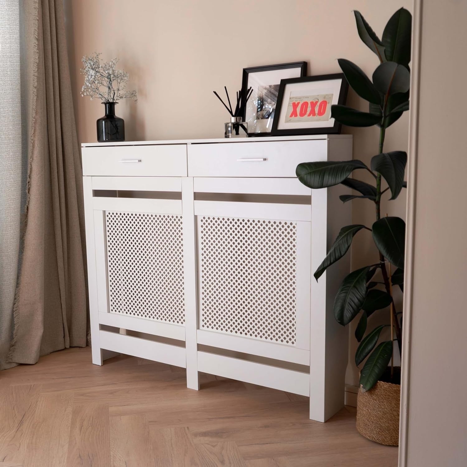 White Radiator Cover with Drawers Diamond Slat W112xH96cm Modern