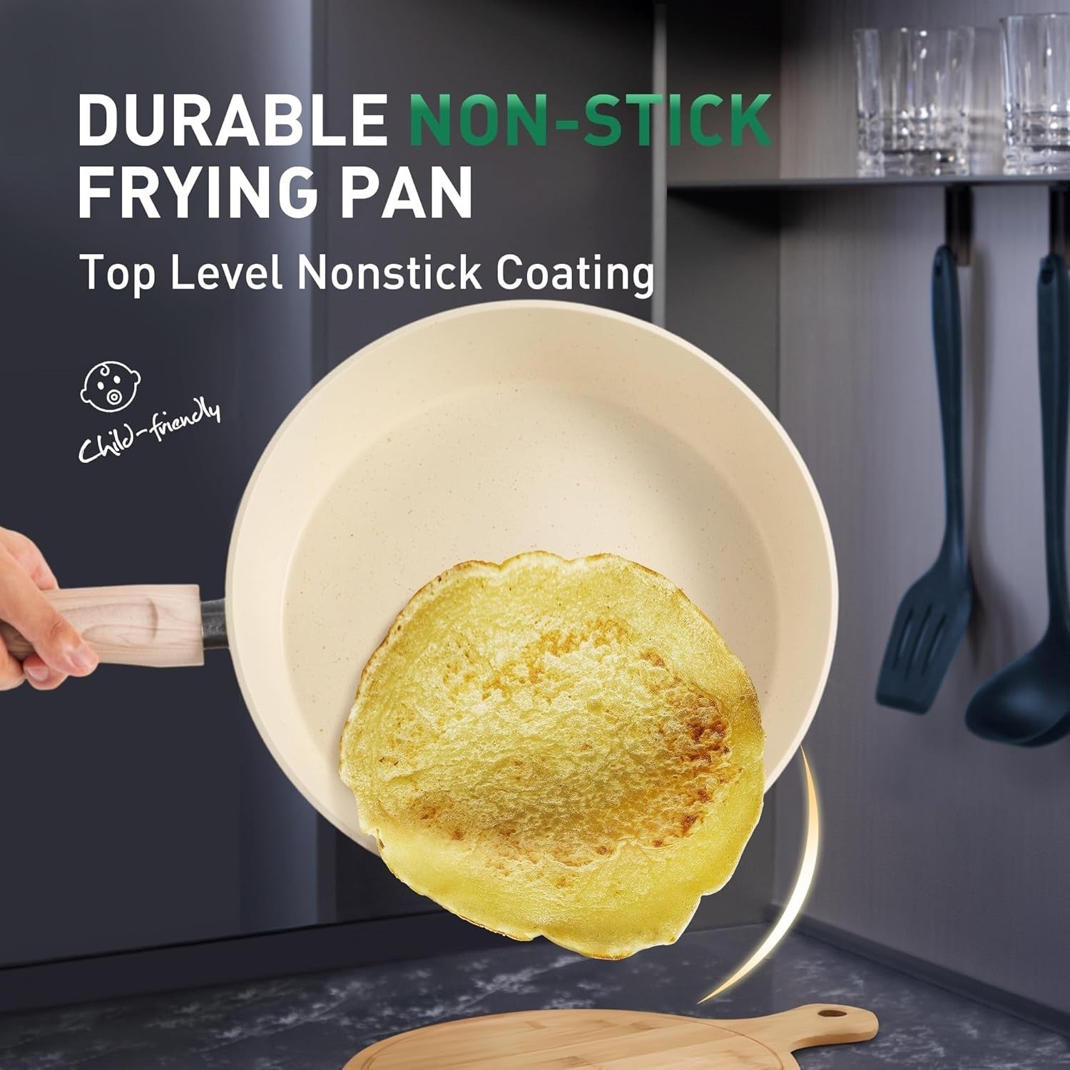 12pcs Beige Granite Non Stick Cookware Set – Pots & Pans with Lids and Utensils