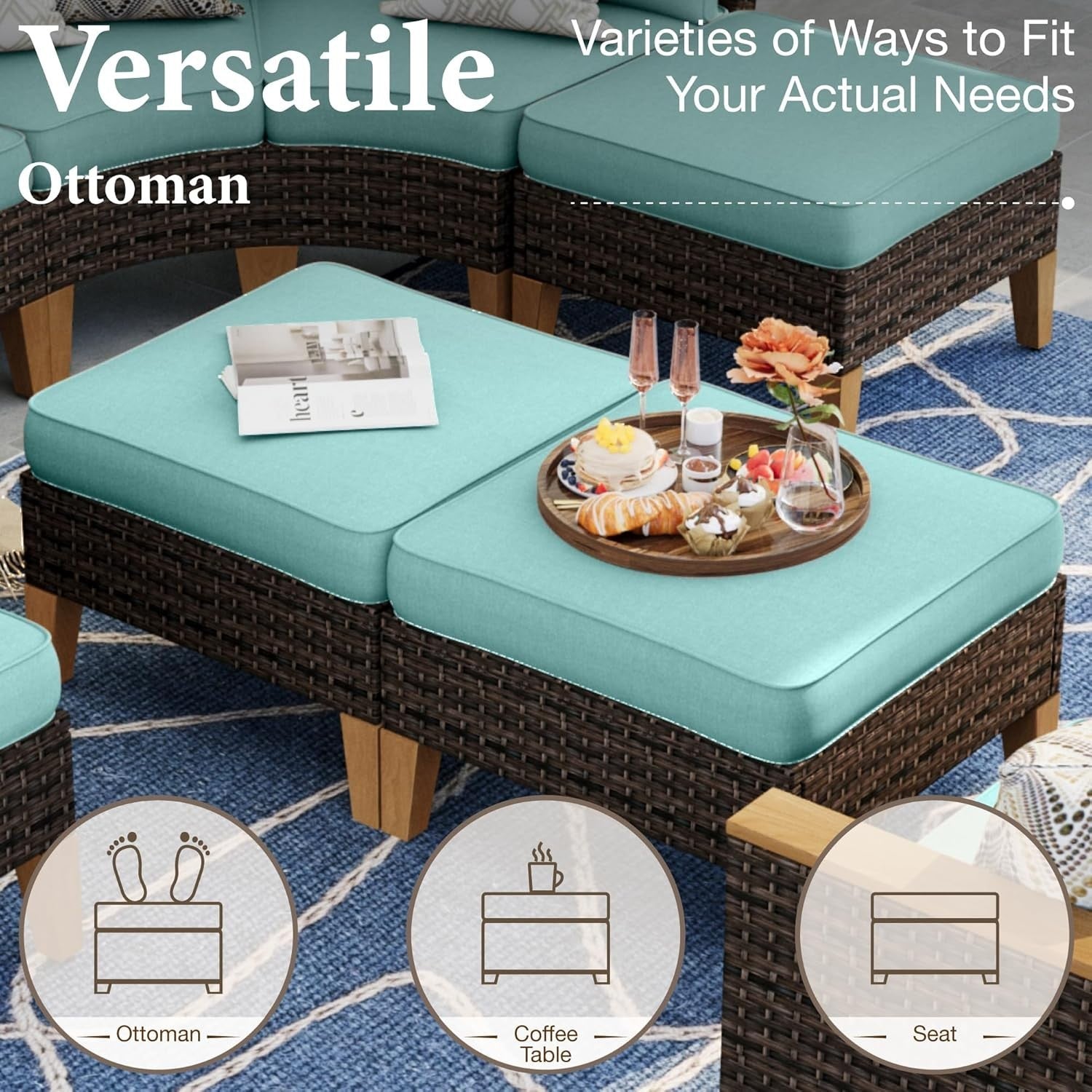 Outdoor Rattan Corner Sofa Set Waterproof Cushions Table Stool Garden Patio