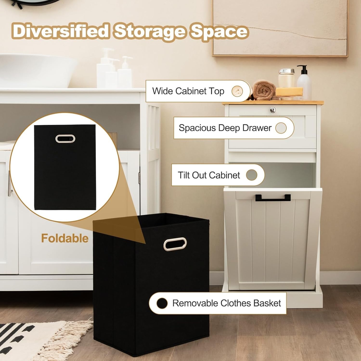 White Tilt-Out Laundry Cabinet with Drawer & Removable Hamper | Freestanding Bat
