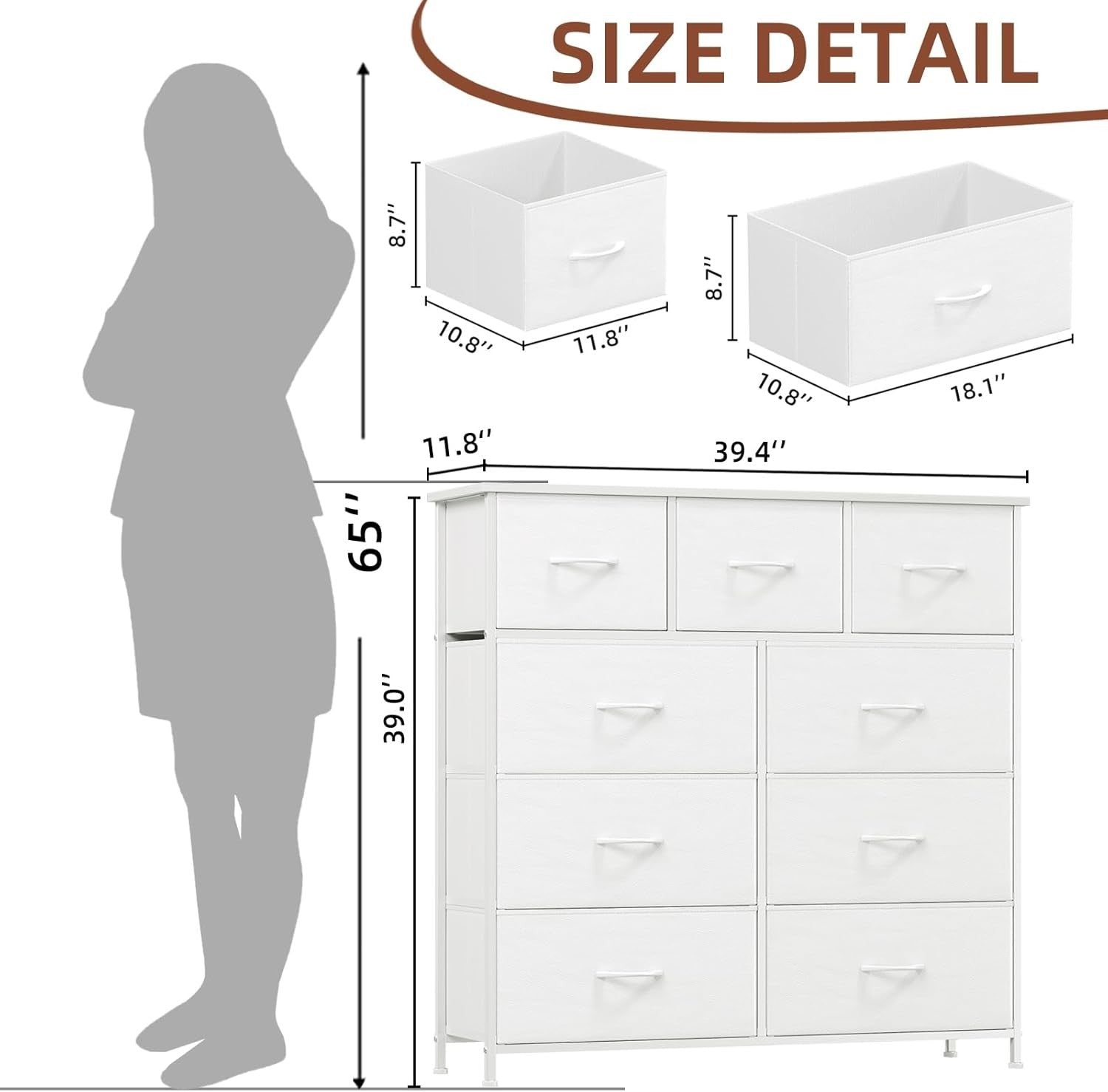 White 9 Drawer Tall Chest Fabric Dresser Storage Organizer for Bedroom